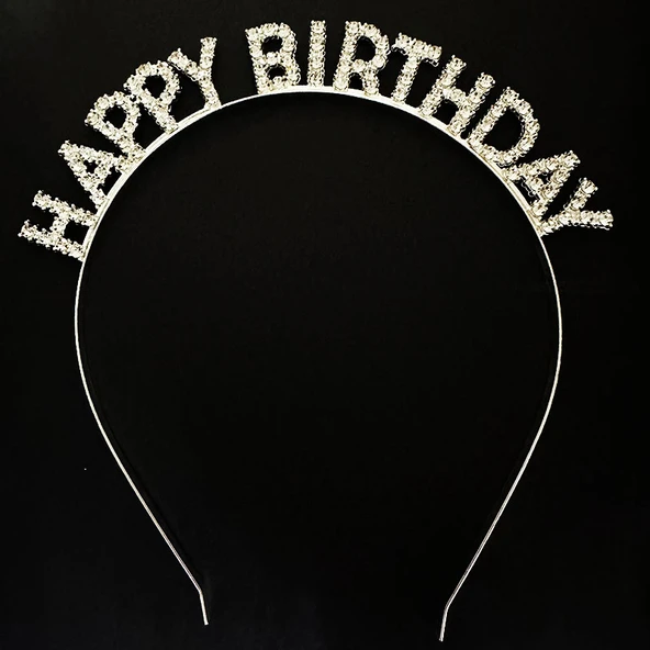 Gümüş Kristal Taşlı Happy Birthday Doğum Günü Tacı İthal Ürün A Kalite 17x16 cm (5224) ürün görseli 1
