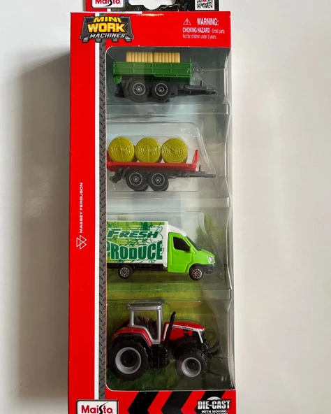 Mini Work Özel Üretim Kırmızı İş Makinaları Metal Traktör Seti 4 Parçalı Set 8 Cm Arabalar ürün görseli 1