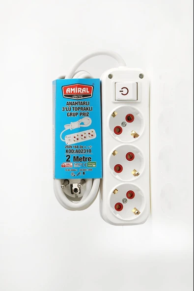 3 lü Topraklı Anahtarlı 2 Metre Kablolu Grup Priz ürün görseli 1
