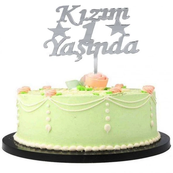 Kızım 1 Yaşında İlk Yaş Doğum Günü Partisi Pleksi Pasta Süsü Gümüş Renk ürün görseli 1