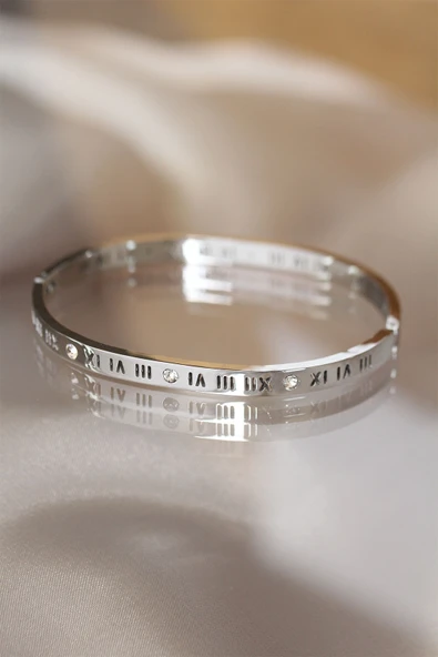 316L Çelik Roma Rakamlı Silver Renk Bilezik Kelepçe TJ-BB3566 ürün görseli 1