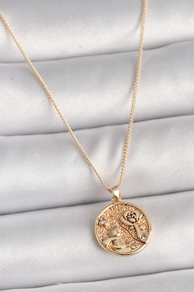 Pirinç Gold Renk Zirkon Taş Detaylı Gül İşleme Madalyon Model Kadın Kolye TJ-BKO9816 ürün görseli 1