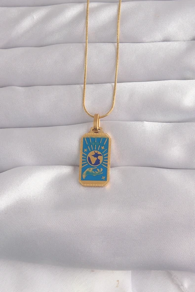 316L Çelik Gold Renk Mavi Mineli El Figür Tarot Kolye TJ-BKO9040 ürün görseli 1