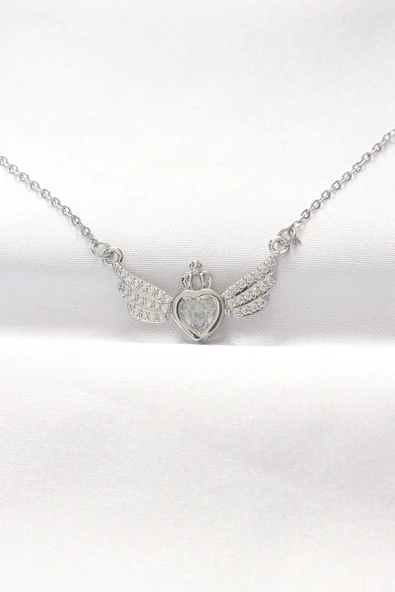 316L Çelik Silver Renk Zirkon Taşlı Kalpli Kanat Kolye TJ-BKO8515 ürün görseli 1