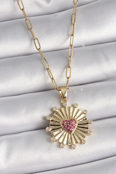 316L Çelik Gold Renk Pembe Zirkon Taşlı Kalp İşleme Madalyon Model Kadın Kolye TJ-BKO9534 ürün görseli 1