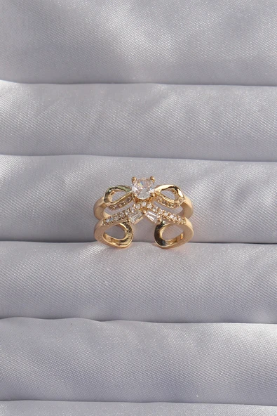 Pirinç Ayarlamalı Gold Renk Zirkon Taşlı 2li Görünüm Fiyonk Yüzük TJ-BYK3287 ürün görseli 1