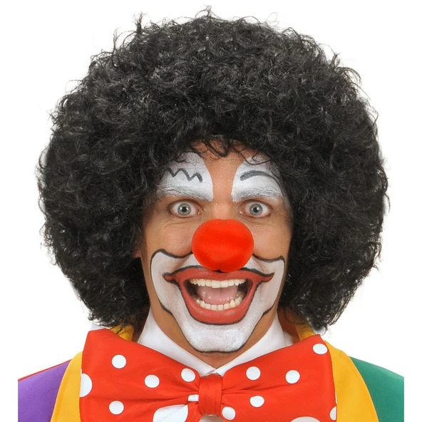 Siyah Renk Kıvırcık Afro Bonus Peruk Saç ve Kırmızı Sünger Burun Seti ürün görseli 1