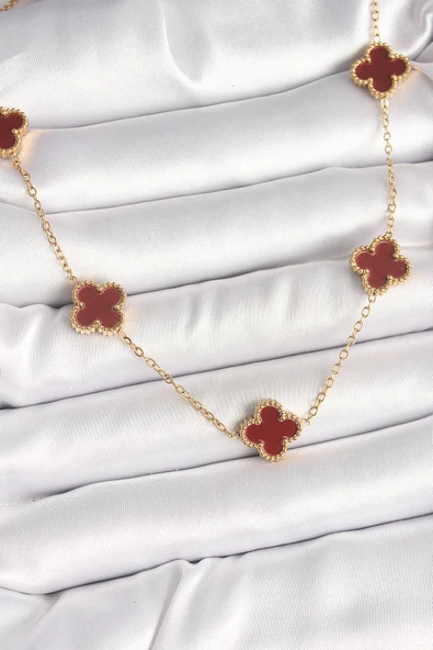 316L Çelik Gold Renk Zincir Bordo Yonca Model Kadın Kolye TJ-BKO9926 ürün görseli 1