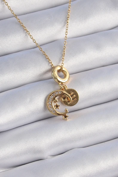 316L Çelik Gold Renk Zirkon Taşlı Ay Yıldız Model Charm Model Kadın Kolye TJ-BKO9312 ürün görseli 1