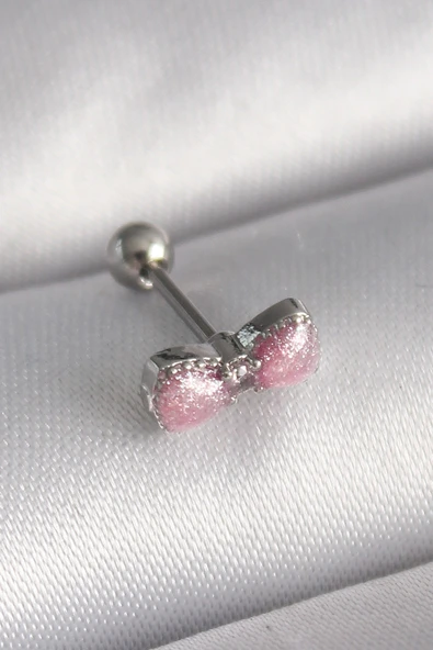 316L Çelik Gümüş Renk Pembe Kurdele Zirkon Taş Detay Tragus Piercing TJ-PR1295 ürün görseli 1