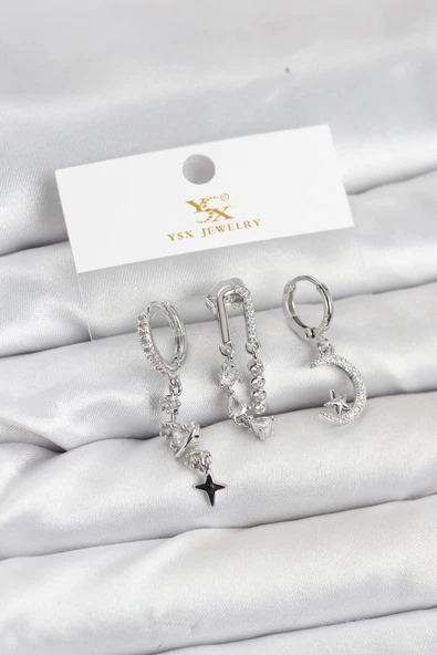 Pirinç Gümüş Renk Zirkon Taşlı Uzay Model YSX Trio Küpe Seti TJ-BKP11569 ürün görseli 1