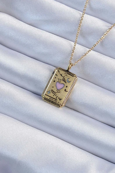 316L Çelik Zincir Eskitme Renk Pembe Mineli Kalp Figürlü Tarot Kolye TJ-BKO9231 ürün görseli 1