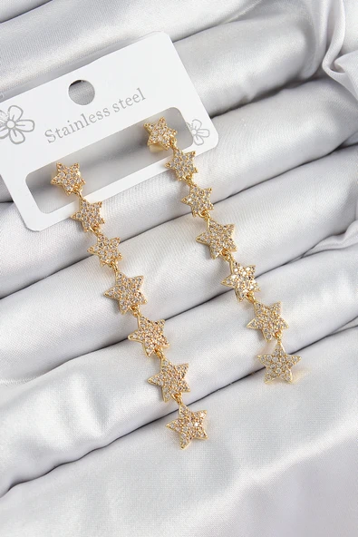 Pirinç Zirkon Taşlı Sallantılı Yıldız Model Gold Renk Kadın Küpe TJ-BKP10912 ürün görseli 1