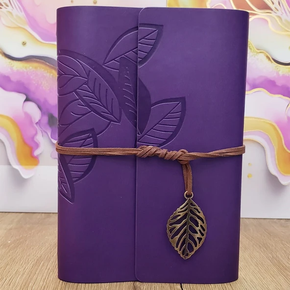 Yaprak Desenli Çizgisiz Deri Defter Mor ürün görseli 1
