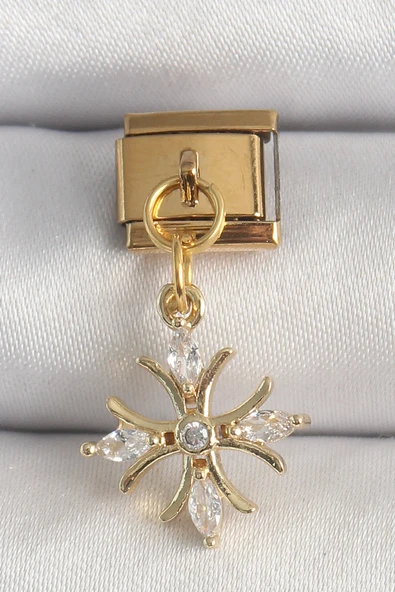 316L Çelik Gold Renk Sallantı Zirkon Taşlı Kar Tanesi Model Nomination Charm TJ-BC1341 ürün görseli 1