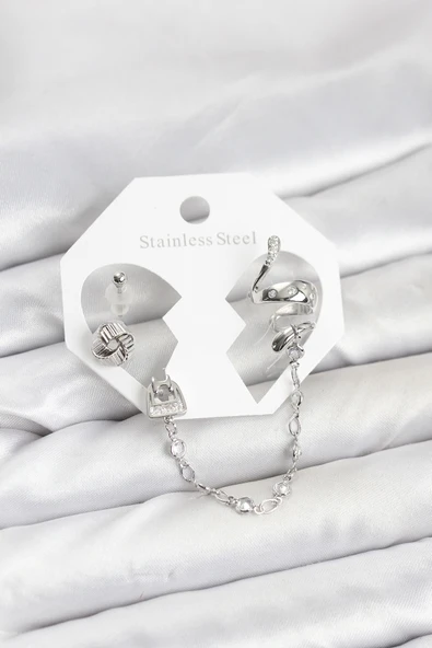 Pirinç Gümüş Renk Yılan Model Zincir Bağlantılı Ear Cuff Küpe Seti TJ-BKP11533 ürün görseli 1