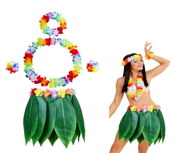 Yetişkin Hawaii Kostüm Seti - Yaprak Etek & Hawaii Set - 5 Parça ürün görseli 1