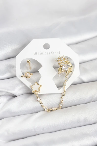 Pirinç Gold Renk Yıldız Model Zincir Bağlantılı Ear Cuff Küpe Seti TJ-BKP11538 ürün görseli 1