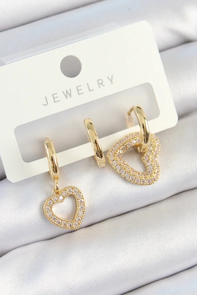Pirinç Zirkon Taşlı Kalp Model Gold Renk 3'lü Çift Kadın Küpe Set TJ-BKP10825 ürün görseli 1