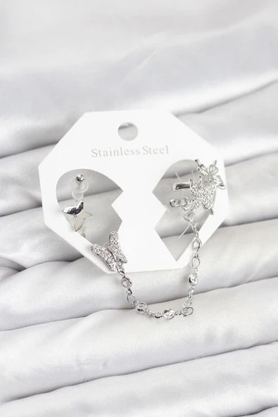 Pirinç Gümüş Renk Model Zincir Bağlantılı Ear Cuff Küpe Seti TJ-BKP11535 ürün görseli 1