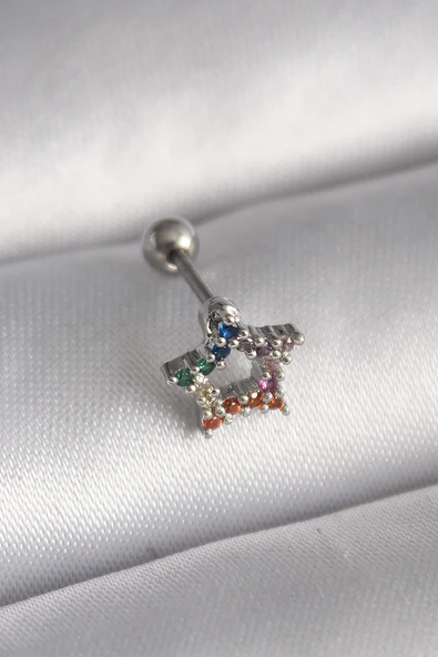 316L Çelik Gümüş Renk Renkli Zirkon Taşlı Yıldız Model Tragus Piercing TJ-PR1355 ürün görseli 1