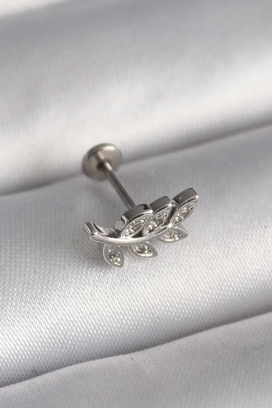 316L Çelik Gümüş Renk Dal Model Zirkon Taş Detaylı Tragus Piercing TJ-PR1343 ürün görseli 1