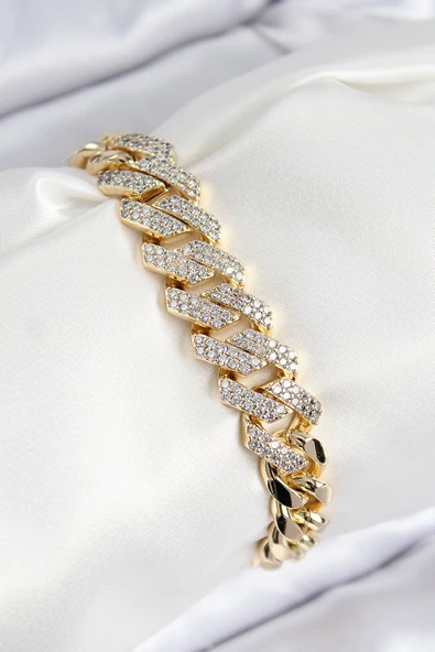VIP Pirinç Zirkon Taşlı Cuba Model Gold Renk Kadın Bileklik - TJ-BB7765 ürün görseli 1