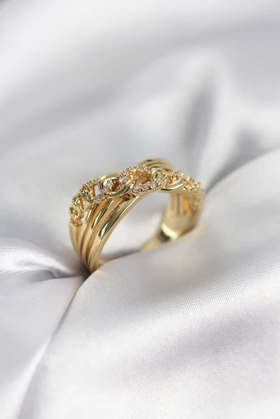 Gold Renk Zirkon Taşlı Zincir Model Kadın Yüzük TJ-BYK3971 ürün görseli 1