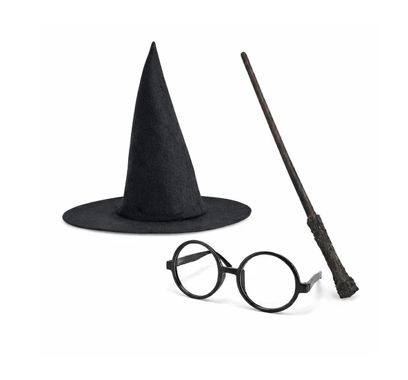 Harry Potter Tarzı Çocuk Seti - Siyah Keçe Şapka, Asa, Gözlük ürün görseli 1