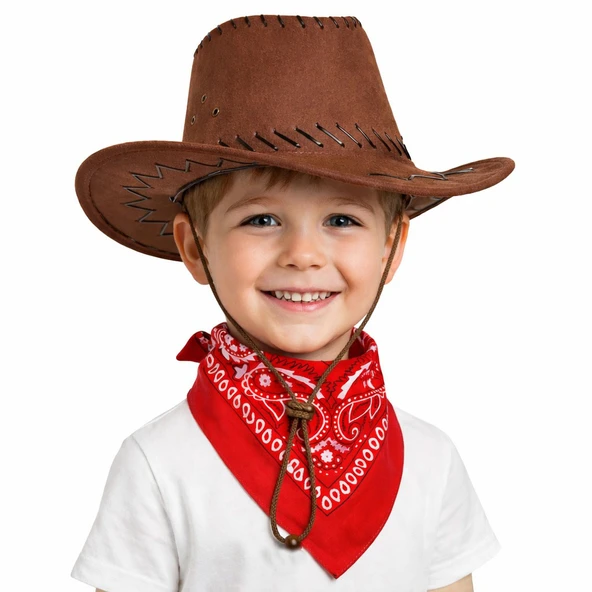 Çocuk Kovboy Şapka Kahverengi & Kırmızı Bandana Fular Seti ürün görseli 1