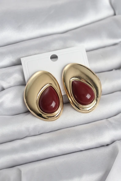 Pirinç Gold Renk Bordo Taşlı Damla Model Vintage Kadın Küpe TJ-BKP11682 ürün görseli 1