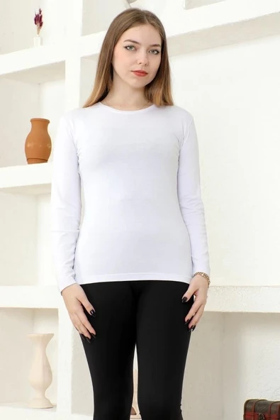 Rahat Ve Şık Uzun Kollu Bisiklet Yaka Likralı Viskon Penye Body Beyaz ürün görseli 1