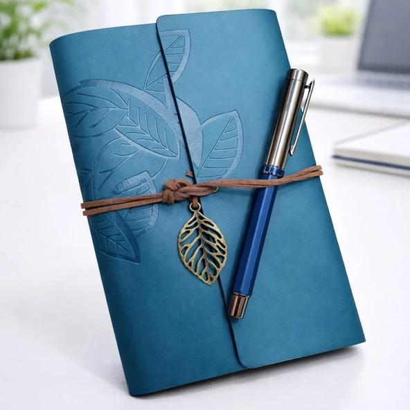 Yaprak Desenli Deri Defter Ve Lacivert Metal Roller Kalem Seti ürün görseli 1