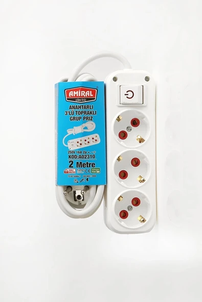 Amiral 3' Lü Topraklı Anahtarlı 2 Metre Kablolu Grup Priz ürün görseli 1