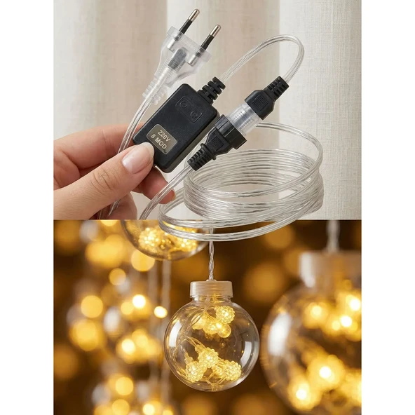 3 Metre 10 Toplu Perde LED Işık - Gün Işığı Şeffaf Dekoratif Aydınlatma - 8 Fonksiyonlu Led ürün görseli 1