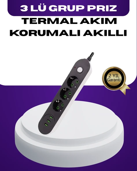 Usb Yuvalı Anahtarlı Üçlü Priz 2 Metre Kablolu ürün görseli 1
