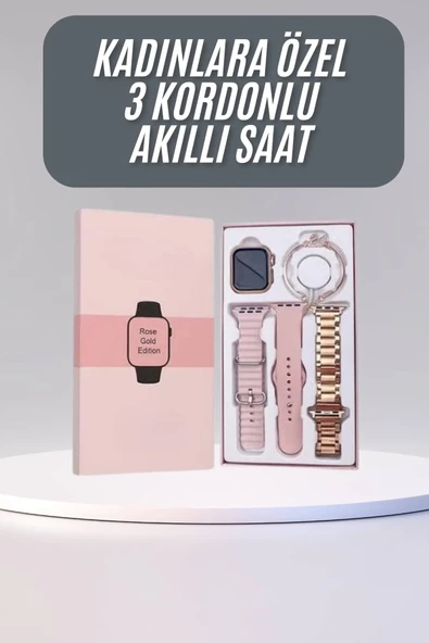 Akıllı Saat 3 Kordonlu Ve Aksesuarlı Bayanlar Için Şık Rose Renk ürün görseli 1