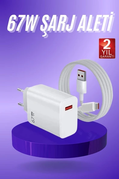 Beyaz Ultra Plus Hızlı Şarj Seti Şarj Adaptörü Ve Kablosu 67w ürün görseli 1