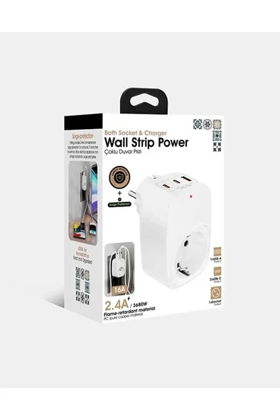 Tekli Yüksek Voltaj Korumalı Duvar Prizi 2x Type-c 1x Usb Çıkışlı Priz Grup Priz Çoğaltıcı Beyaz ürün görseli 1