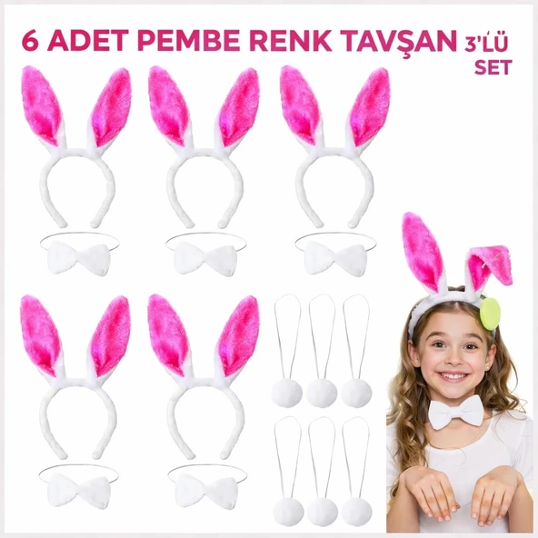 Şeker Pembesi Tavşan Sahne Seti 6&amp;#39;lı Set Taç Papyon Kuyruk ürün görseli 1