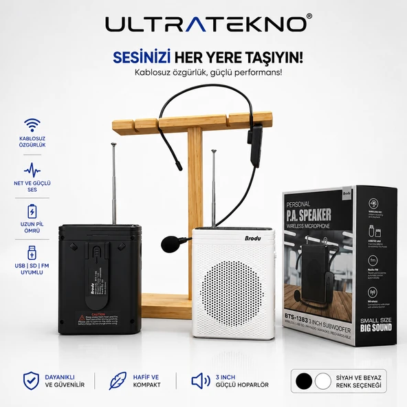 Brodu BTS-1383 Kablosuz Öğretmen Amfisi Bluetooth FM USB Destekli Ses Yükseltici Hoparlör ürün görseli 1