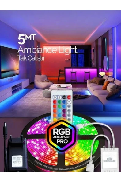 Erdem neon led Şerit LED 5 MT animasyonlu tak çalıştır kumandalı trafolu RGB seritisik aydınlatma partisi TV arkasi ürün görseli 1