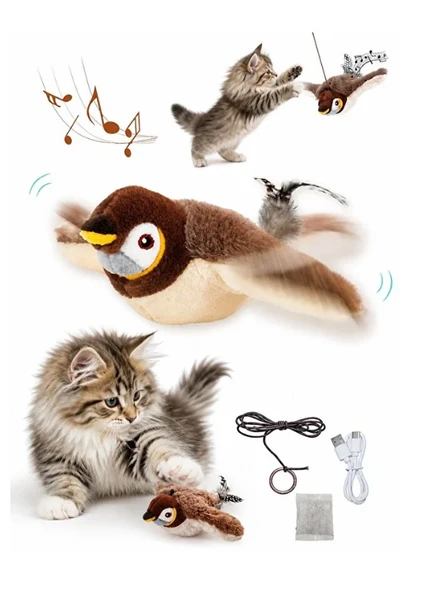 Mucit Home Şarjlı Uçan Kuş Kedi Oyuncağı Sesli & Hareketli Peluş Kedi Oyuncağı Kutulu ürün görseli 1