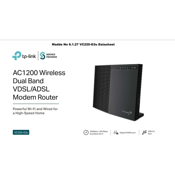 Türk Telekom Tp-Lınk VC220-G3U 1200MBPS 2.4/5.0 Ghz Dual Bant Vdsl2/adsl2 Modem SIFIR ürün görseli 1