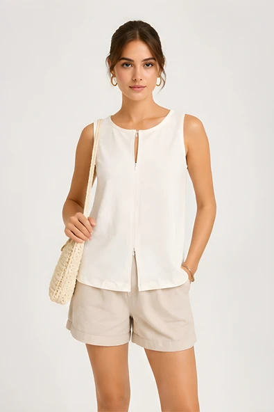 Lili Woman Kadın Ekru Çift Yön Fermuarlı Premium Fit Form Kolsuz Crop Bluz 5057 ürün görseli 1