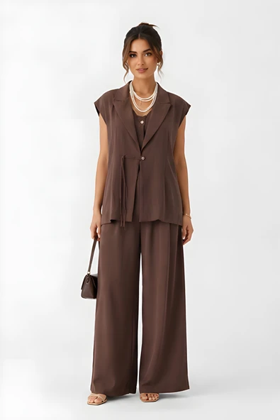 Lili Woman Kadın Kahverengi Koka Oversize Yelek & Palazzo Pantolon Takım E.8160K ürün görseli 1