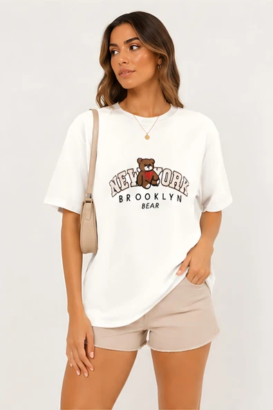 Lili Woman Kadın New York Bear Baskılı Oversize Tişört D.11156B ürün görseli 1