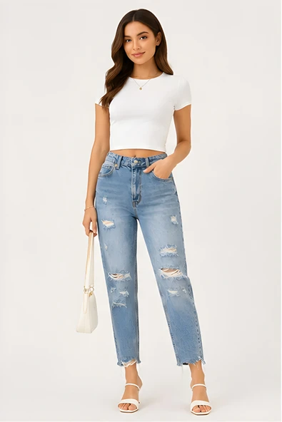 Lili Woman Kadın Yüksek Bel Yırtık Detaylı Mom Fit Jean Pantolon TY.YJN01 ürün görseli 1