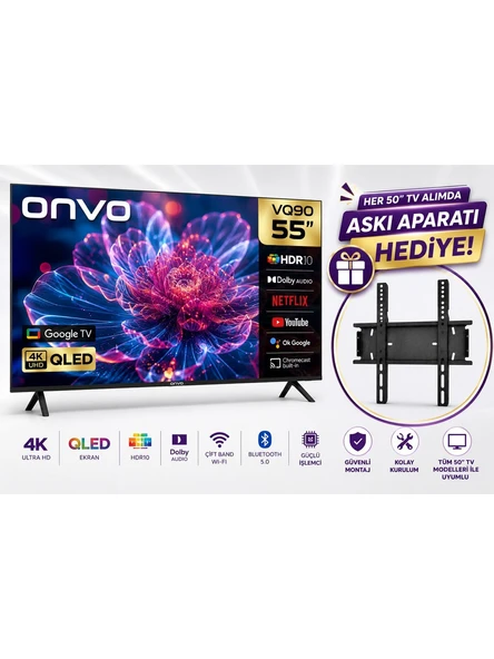 ONVO 55VQ90F3UA 55'' 140 Ekran Uydu Alıcılı 4K Ultra HD Google Smart QLED TV