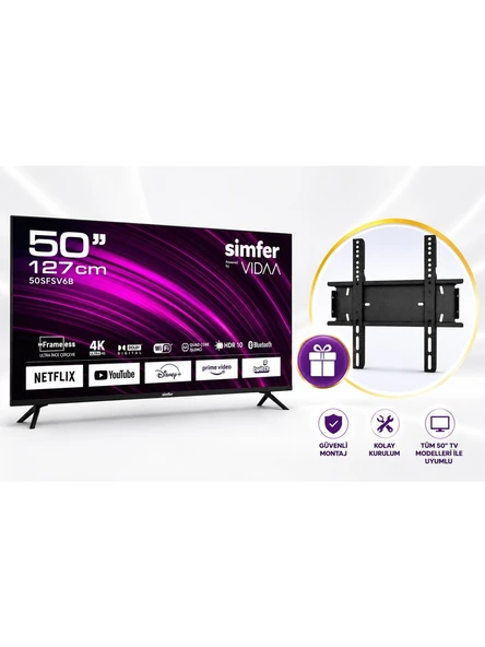 Simfer 50SFSV6B 4K Ultra Hd 50" 127 Ekran Uydu Alıcılı Vıdaa Smart LED Tv+ Dreamstar Tv Duvar Askı Aparatı ürün görseli 1